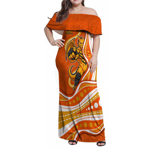 Perth Scorchers Family Matching Off Shoulder Maxi Dress and Hawaiian Shirt Aboriginal Dot Art Orange White - Tribal Wave Pattern