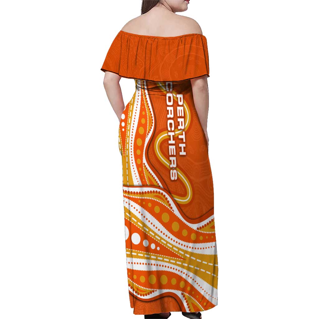 Perth Scorchers Family Matching Off Shoulder Maxi Dress and Hawaiian Shirt Aboriginal Dot Art Orange White - Tribal Wave Pattern