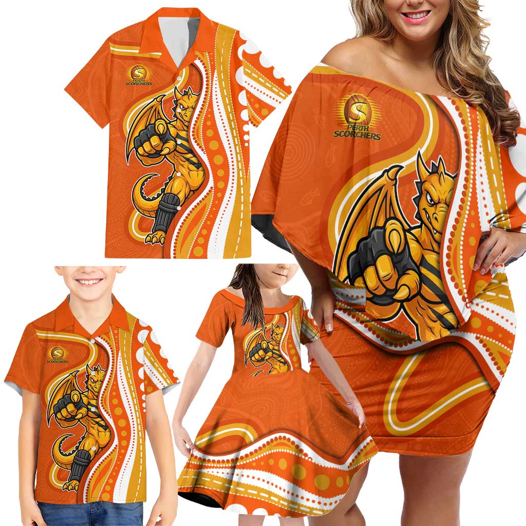 Perth Scorchers Family Matching Off Shoulder Short Dress and Hawaiian Shirt Aboriginal Dot Art Orange White - Tribal Wave Pattern