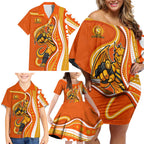Perth Scorchers Family Matching Off Shoulder Short Dress and Hawaiian Shirt Aboriginal Dot Art Orange White - Tribal Wave Pattern