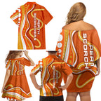 Perth Scorchers Family Matching Off Shoulder Short Dress and Hawaiian Shirt Aboriginal Dot Art Orange White - Tribal Wave Pattern