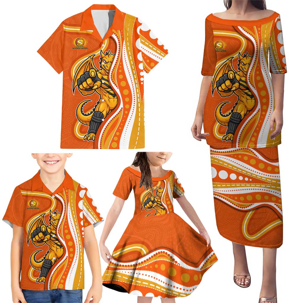 Perth Scorchers Family Matching Puletasi and Hawaiian Shirt Aboriginal Dot Art Orange White - Tribal Wave Pattern