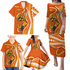 Perth Scorchers Family Matching Puletasi and Hawaiian Shirt Aboriginal Dot Art Orange White - Tribal Wave Pattern