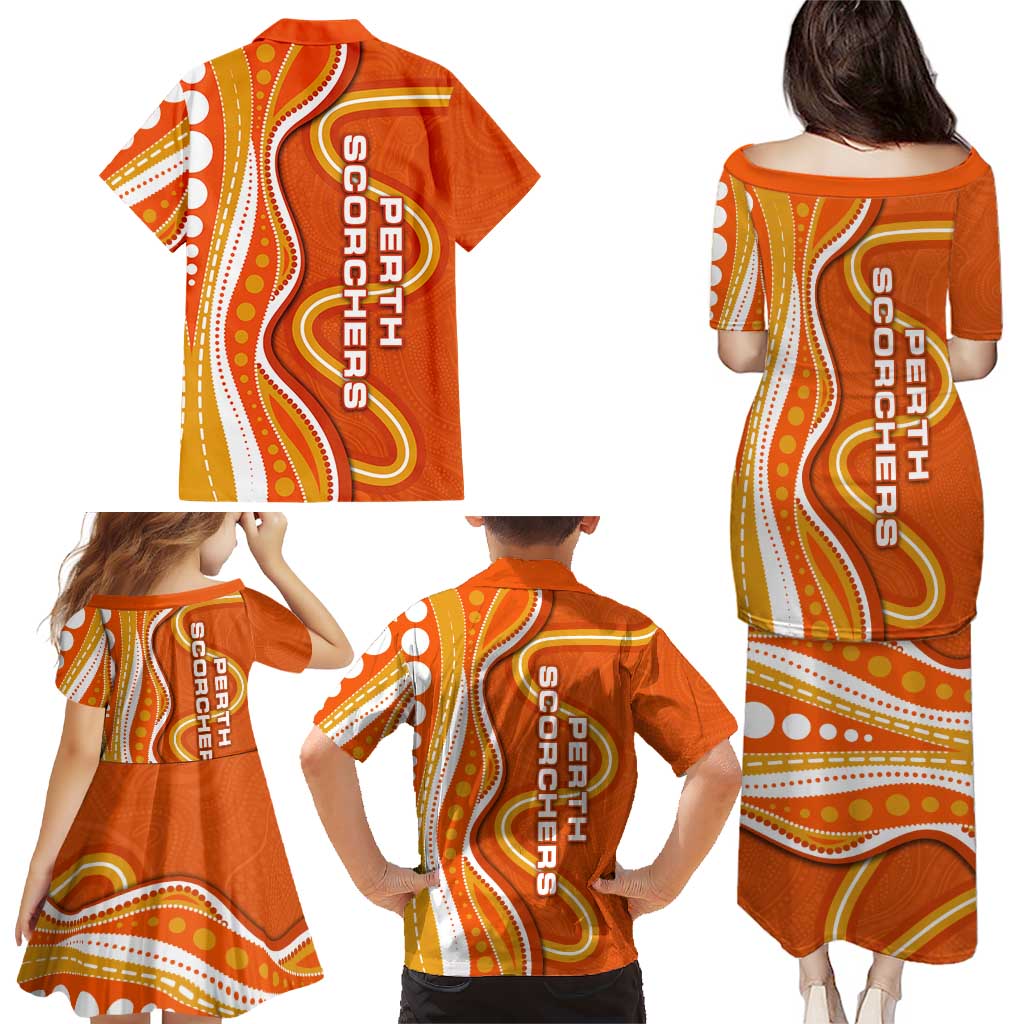 Perth Scorchers Family Matching Puletasi and Hawaiian Shirt Aboriginal Dot Art Orange White - Tribal Wave Pattern