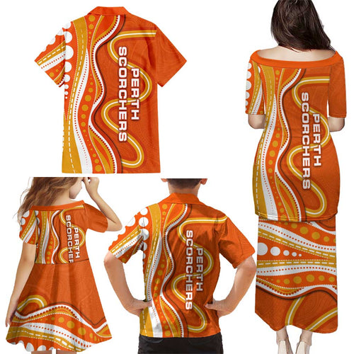 Perth Scorchers Family Matching Puletasi and Hawaiian Shirt Aboriginal Dot Art Orange White - Tribal Wave Pattern