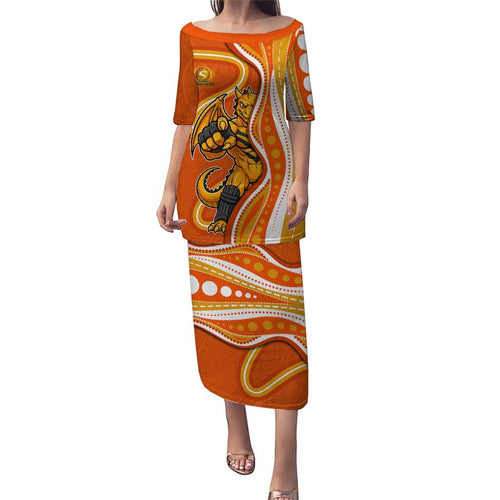 Perth Scorchers Family Matching Puletasi and Hawaiian Shirt Aboriginal Dot Art Orange White - Tribal Wave Pattern
