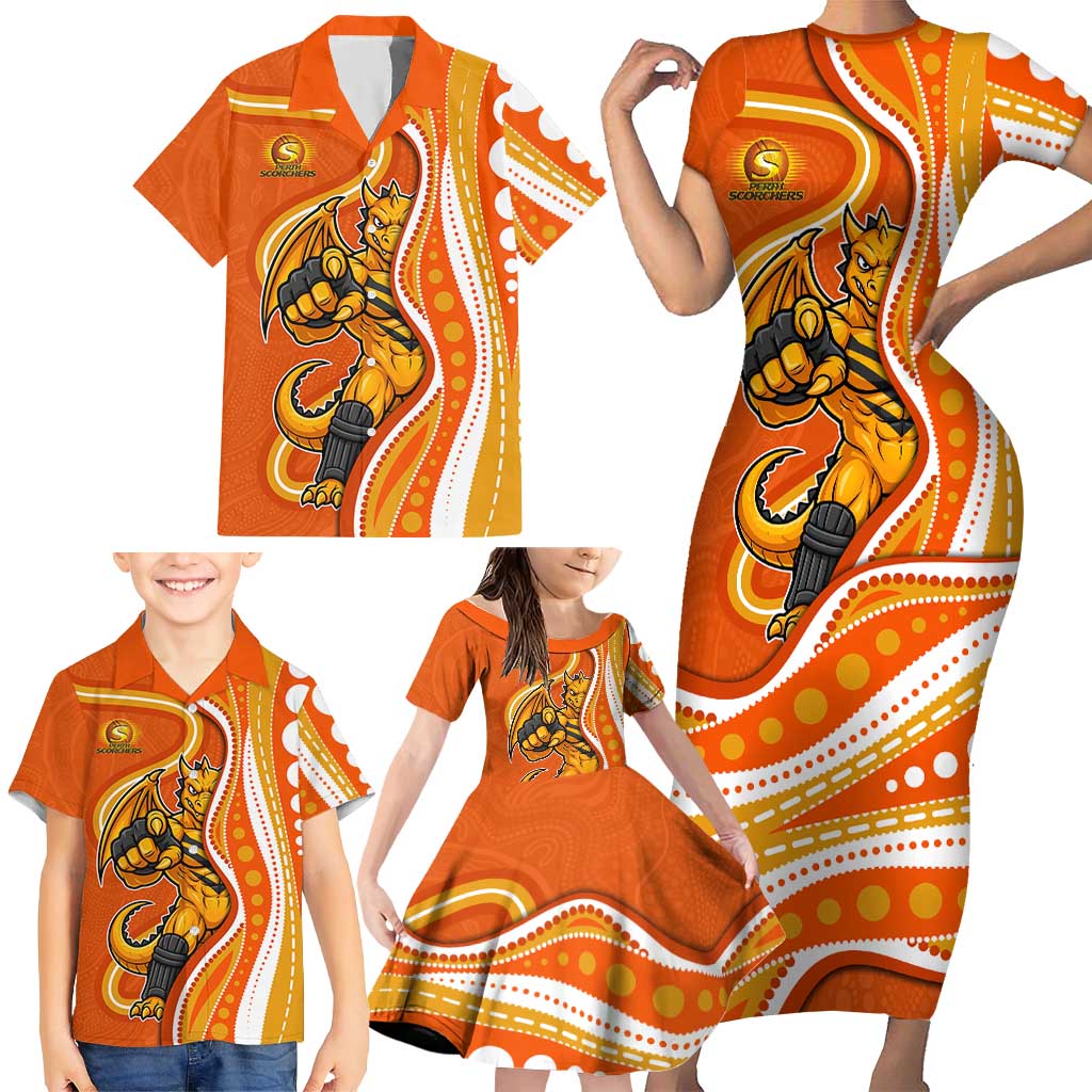 Perth Scorchers Family Matching Short Sleeve Bodycon Dress and Hawaiian Shirt Aboriginal Dot Art Orange White - Tribal Wave Pattern