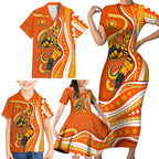 Perth Scorchers Family Matching Short Sleeve Bodycon Dress and Hawaiian Shirt Aboriginal Dot Art Orange White - Tribal Wave Pattern