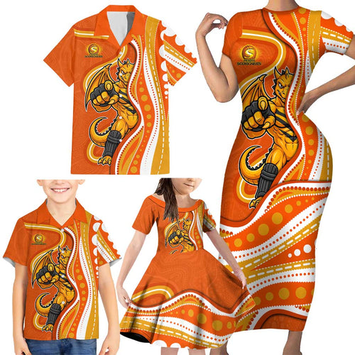 Perth Scorchers Family Matching Short Sleeve Bodycon Dress and Hawaiian Shirt Aboriginal Dot Art Orange White - Tribal Wave Pattern