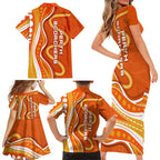 Perth Scorchers Family Matching Short Sleeve Bodycon Dress and Hawaiian Shirt Aboriginal Dot Art Orange White - Tribal Wave Pattern