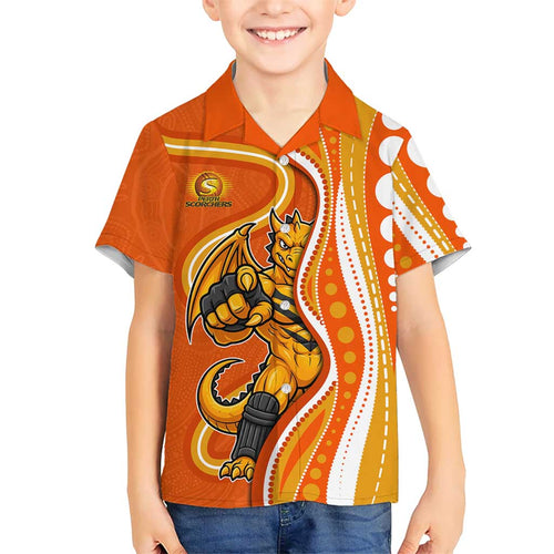 Perth Scorchers Family Matching Short Sleeve Bodycon Dress and Hawaiian Shirt Aboriginal Dot Art Orange White - Tribal Wave Pattern