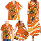 Perth Scorchers Family Matching Summer Maxi Dress and Hawaiian Shirt Aboriginal Dot Art Orange White - Tribal Wave Pattern
