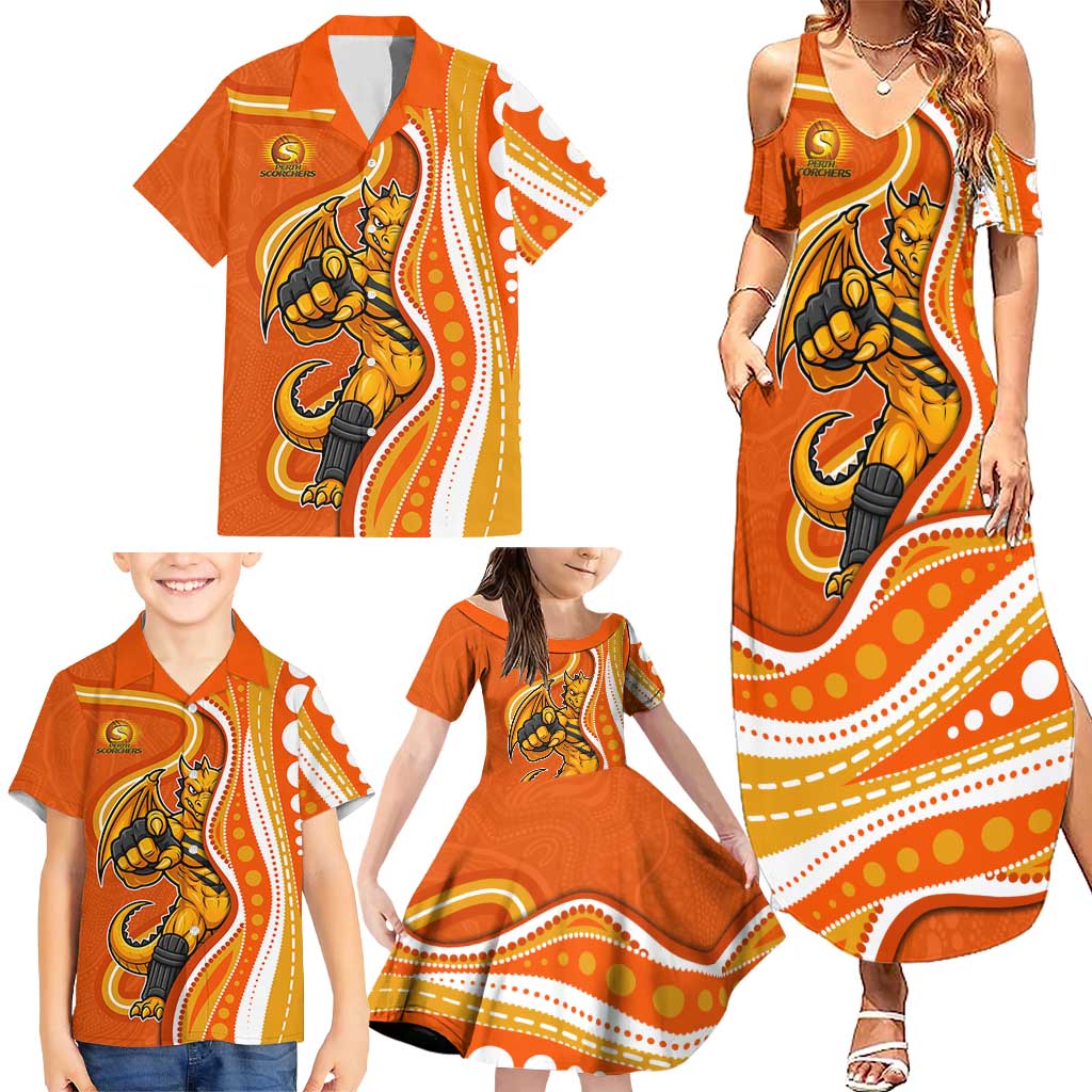 Perth Scorchers Family Matching Summer Maxi Dress and Hawaiian Shirt Aboriginal Dot Art Orange White - Tribal Wave Pattern
