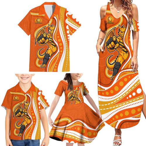 Perth Scorchers Family Matching Summer Maxi Dress and Hawaiian Shirt Aboriginal Dot Art Orange White - Tribal Wave Pattern