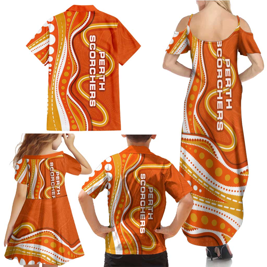 Perth Scorchers Family Matching Summer Maxi Dress and Hawaiian Shirt Aboriginal Dot Art Orange White - Tribal Wave Pattern