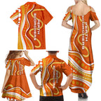 Perth Scorchers Family Matching Summer Maxi Dress and Hawaiian Shirt Aboriginal Dot Art Orange White - Tribal Wave Pattern