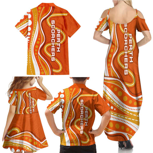 Perth Scorchers Family Matching Summer Maxi Dress and Hawaiian Shirt Aboriginal Dot Art Orange White - Tribal Wave Pattern