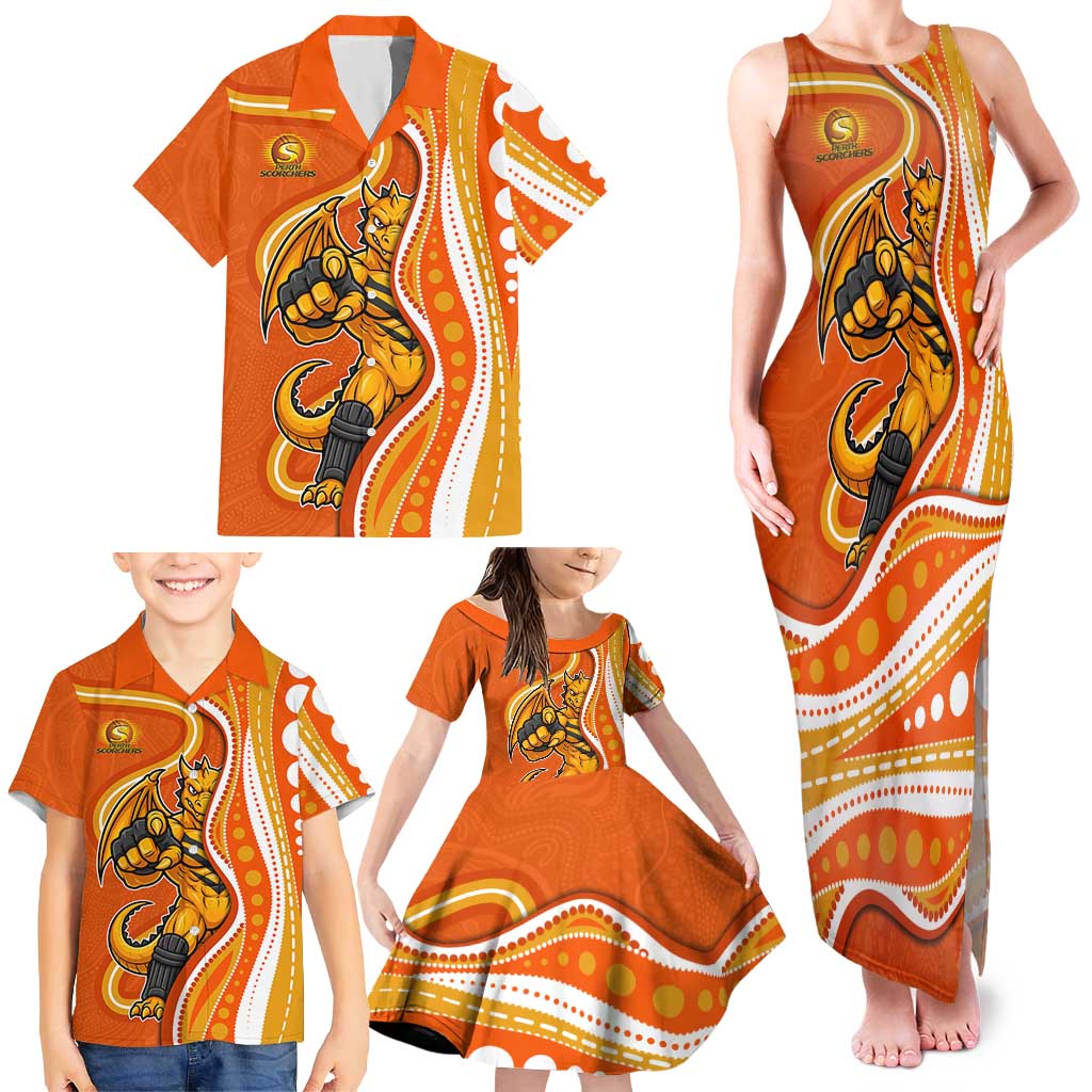 Perth Scorchers Family Matching Tank Maxi Dress and Hawaiian Shirt Aboriginal Dot Art Orange White - Tribal Wave Pattern