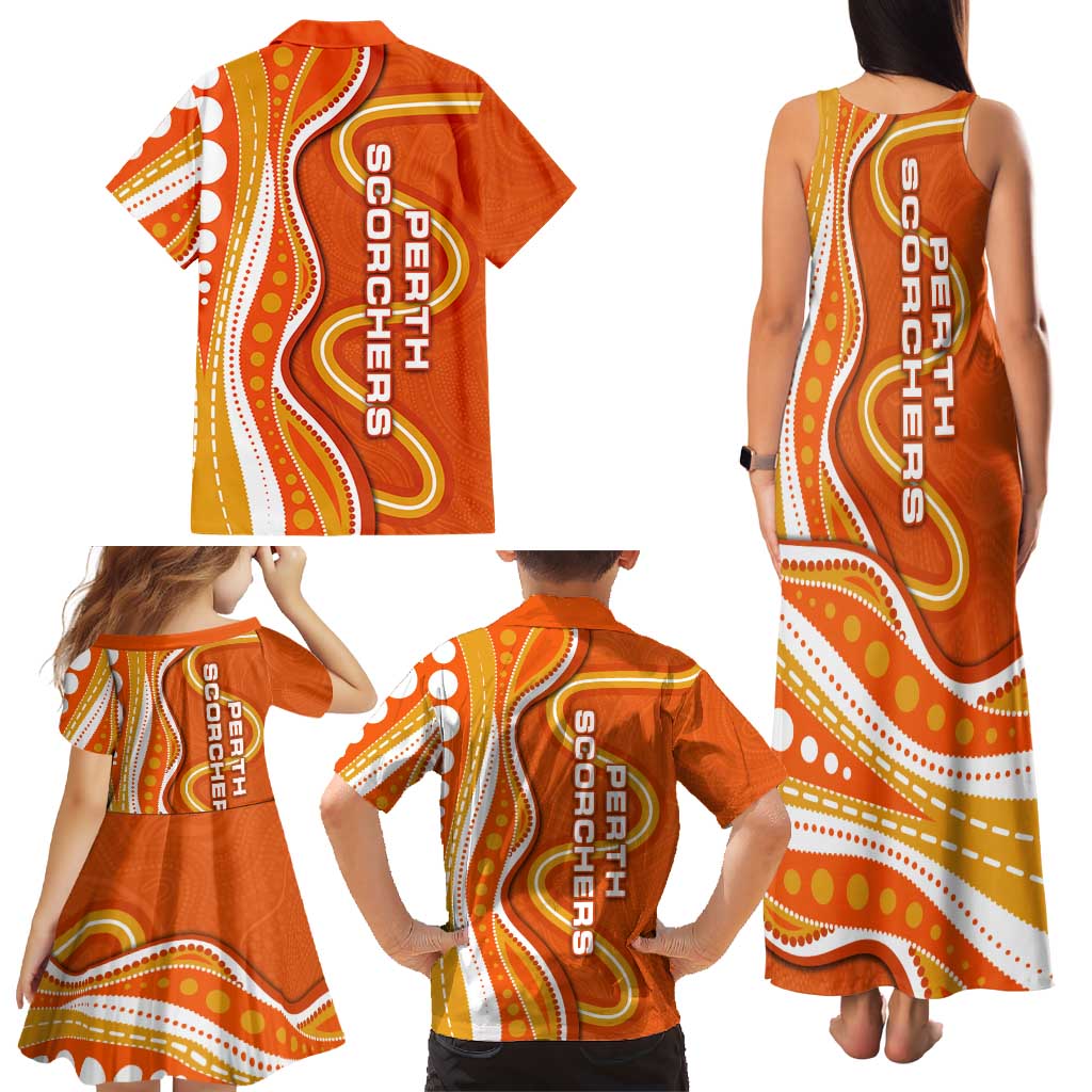 Perth Scorchers Family Matching Tank Maxi Dress and Hawaiian Shirt Aboriginal Dot Art Orange White - Tribal Wave Pattern