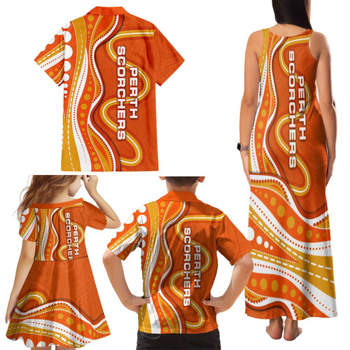 Perth Scorchers Family Matching Tank Maxi Dress and Hawaiian Shirt Aboriginal Dot Art Orange White - Tribal Wave Pattern