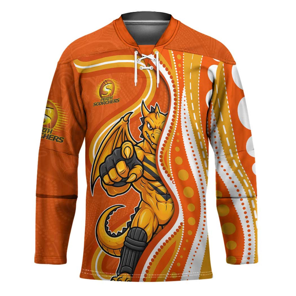 Perth Scorchers Hockey Jersey Aboriginal Dot Art Orange White - Tribal Wave Pattern