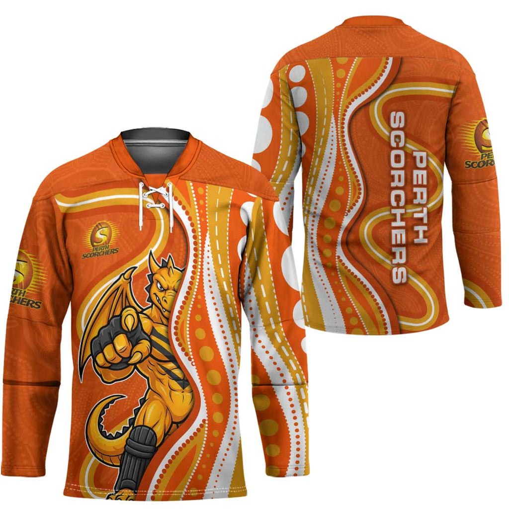 Perth Scorchers Hockey Jersey Aboriginal Dot Art Orange White - Tribal Wave Pattern