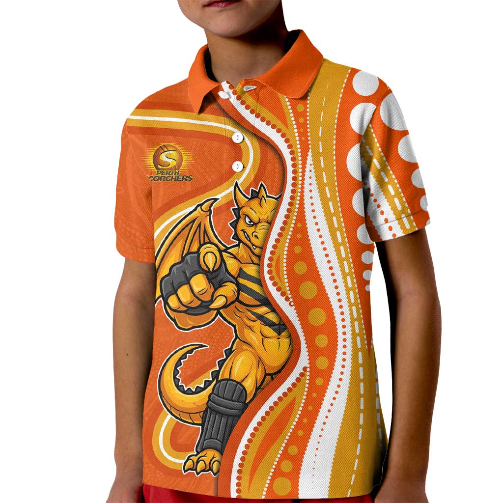Perth Scorchers Kid Polo Shirt Aboriginal Dot Art Orange White - Tribal Wave Pattern