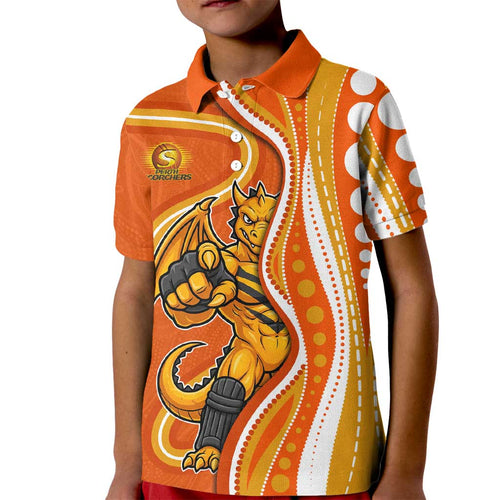 Perth Scorchers Kid Polo Shirt Aboriginal Dot Art Orange White - Tribal Wave Pattern