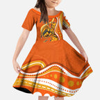 Perth Scorchers Kid Short Sleeve Dress Aboriginal Dot Art Orange White - Tribal Wave Pattern