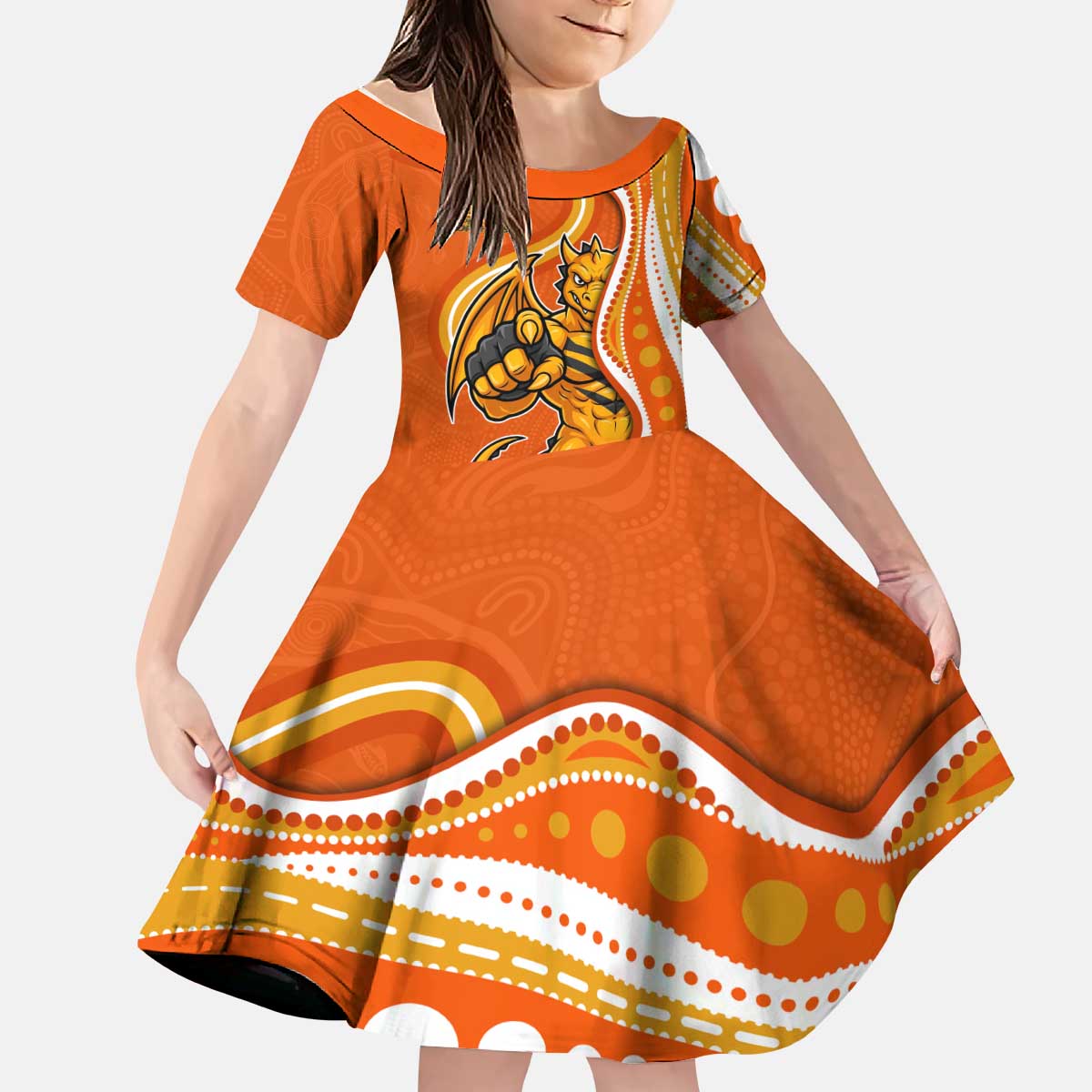 Perth Scorchers Kid Short Sleeve Dress Aboriginal Dot Art Orange White - Tribal Wave Pattern
