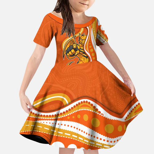 Perth Scorchers Kid Short Sleeve Dress Aboriginal Dot Art Orange White - Tribal Wave Pattern