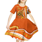 Perth Scorchers Kid Short Sleeve Dress Aboriginal Dot Art Orange White - Tribal Wave Pattern
