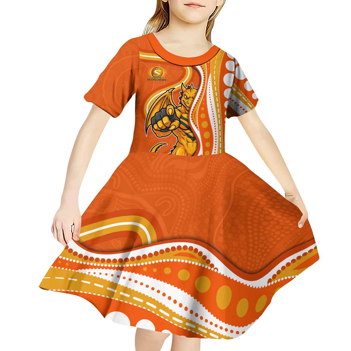 Perth Scorchers Kid Short Sleeve Dress Aboriginal Dot Art Orange White - Tribal Wave Pattern