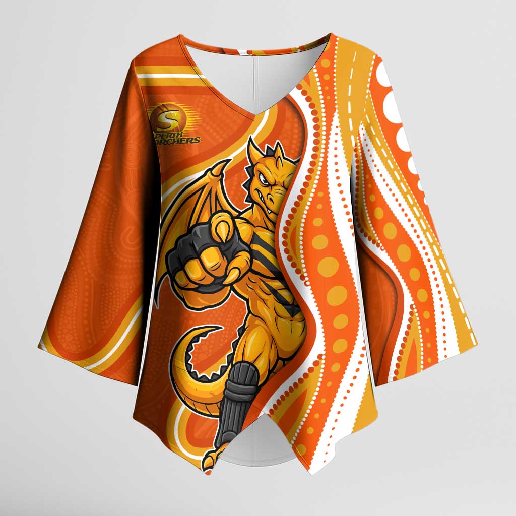 Perth Scorchers Kimono Sleeve Blouse Aboriginal Dot Art Orange White - Tribal Wave Pattern