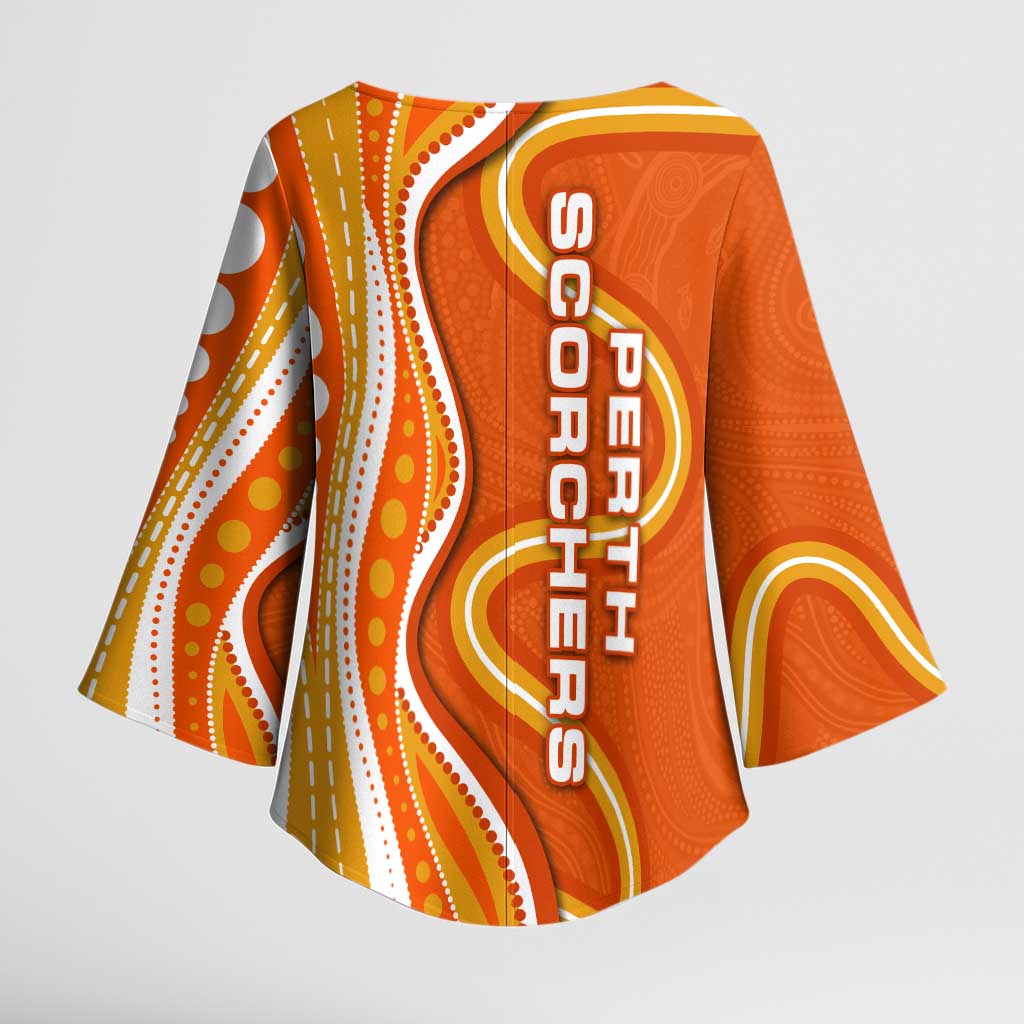 Perth Scorchers Kimono Sleeve Blouse Aboriginal Dot Art Orange White - Tribal Wave Pattern