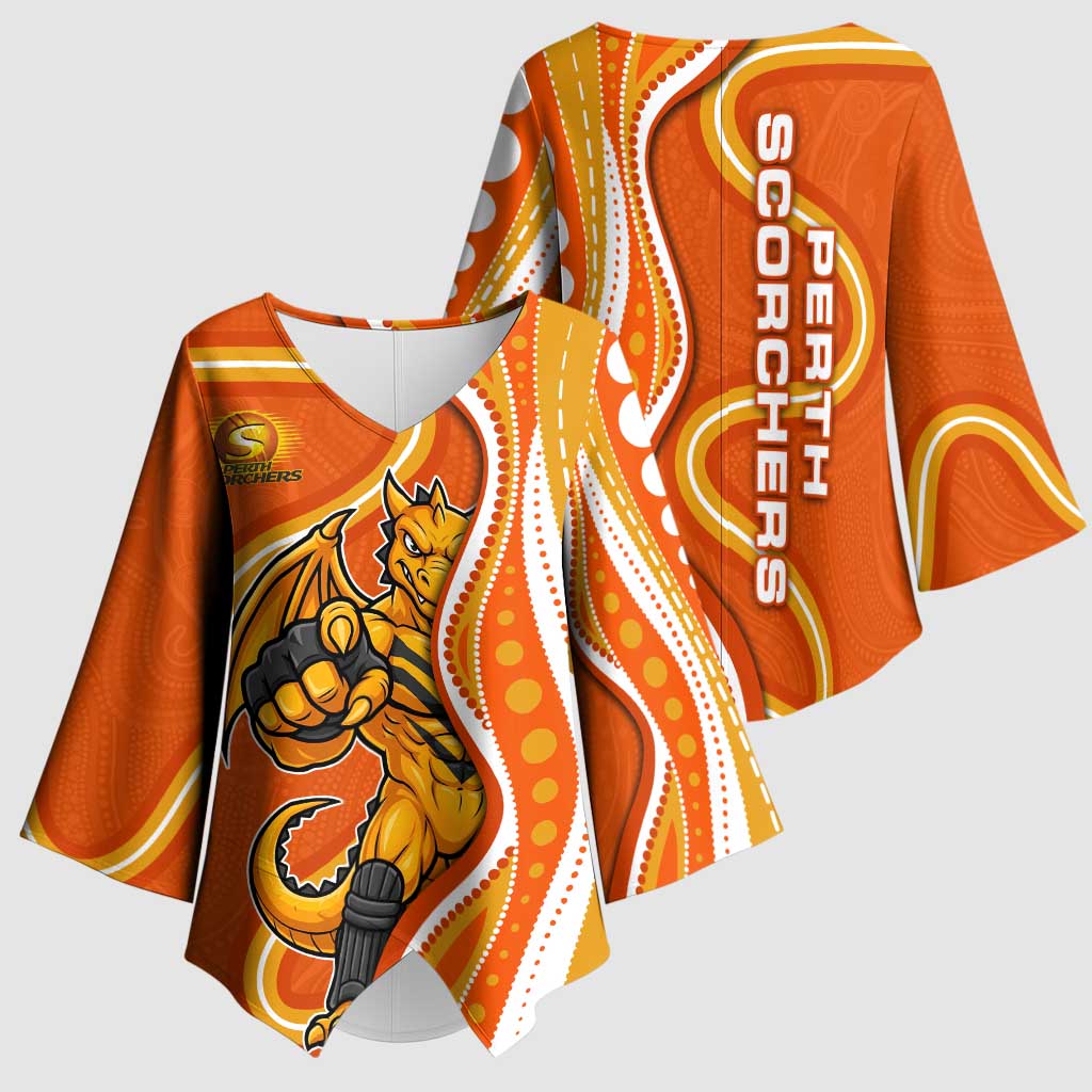 Perth Scorchers Kimono Sleeve Blouse Aboriginal Dot Art Orange White - Tribal Wave Pattern