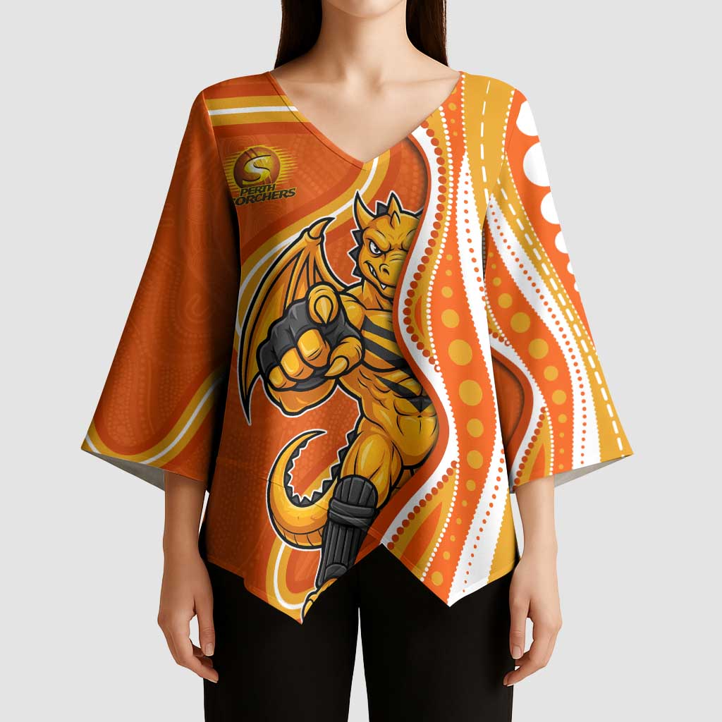 Perth Scorchers Kimono Sleeve Blouse Aboriginal Dot Art Orange White - Tribal Wave Pattern