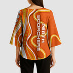 Perth Scorchers Kimono Sleeve Blouse Aboriginal Dot Art Orange White - Tribal Wave Pattern