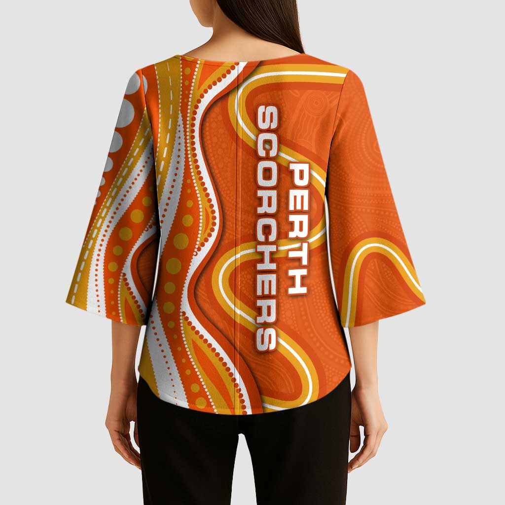 Perth Scorchers Kimono Sleeve Blouse Aboriginal Dot Art Orange White - Tribal Wave Pattern