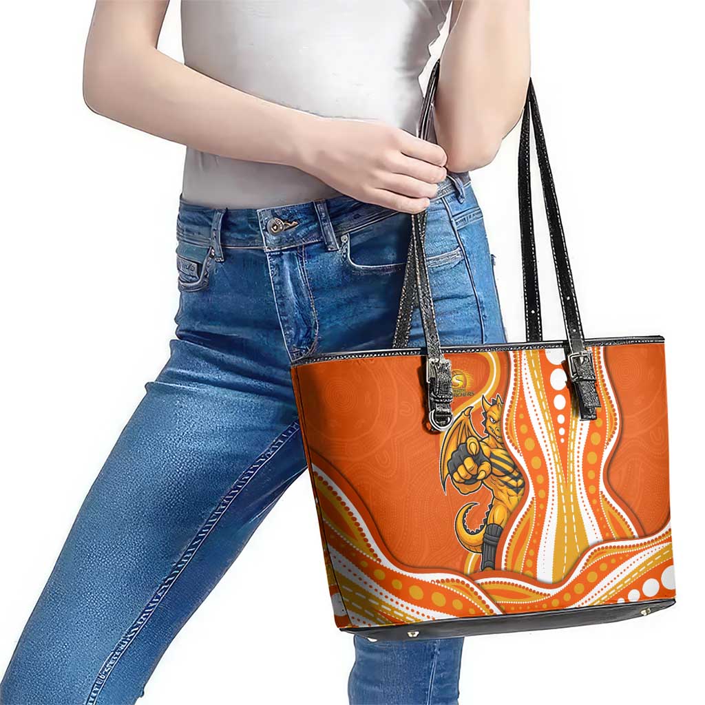 Perth Scorchers Leather Tote Bag Aboriginal Dot Art Orange White - Tribal Wave Pattern