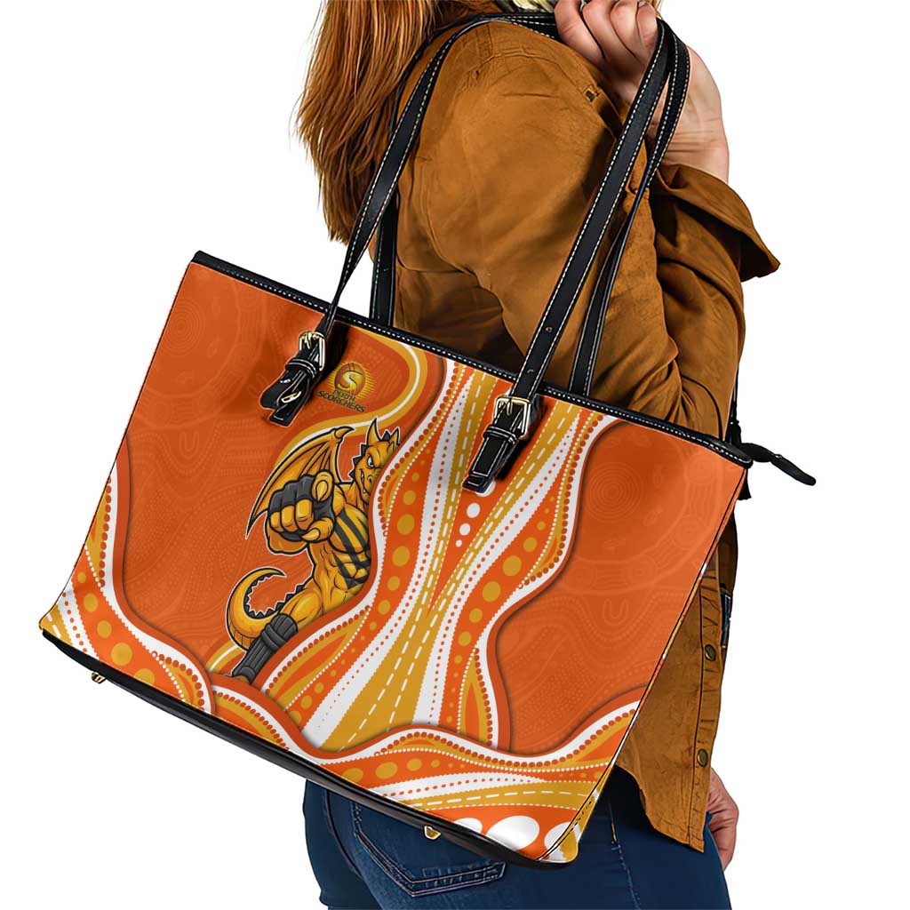 Perth Scorchers Leather Tote Bag Aboriginal Dot Art Orange White - Tribal Wave Pattern
