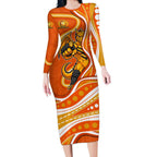 Perth Scorchers Long Sleeve Bodycon Dress Aboriginal Dot Art Orange White - Tribal Wave Pattern