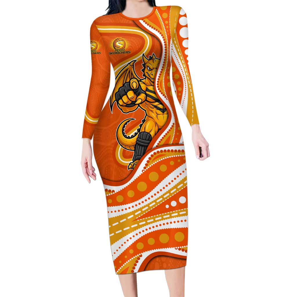 Perth Scorchers Long Sleeve Bodycon Dress Aboriginal Dot Art Orange White - Tribal Wave Pattern
