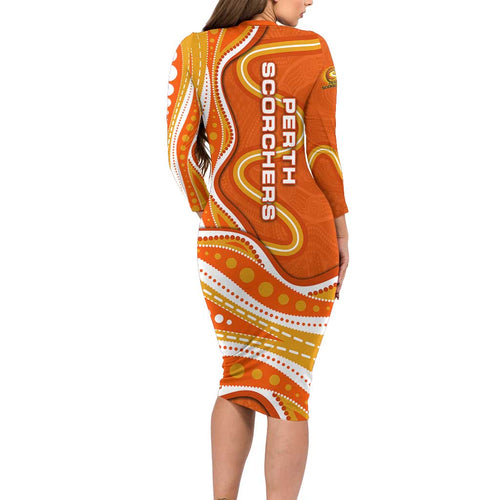 Perth Scorchers Long Sleeve Bodycon Dress Aboriginal Dot Art Orange White - Tribal Wave Pattern