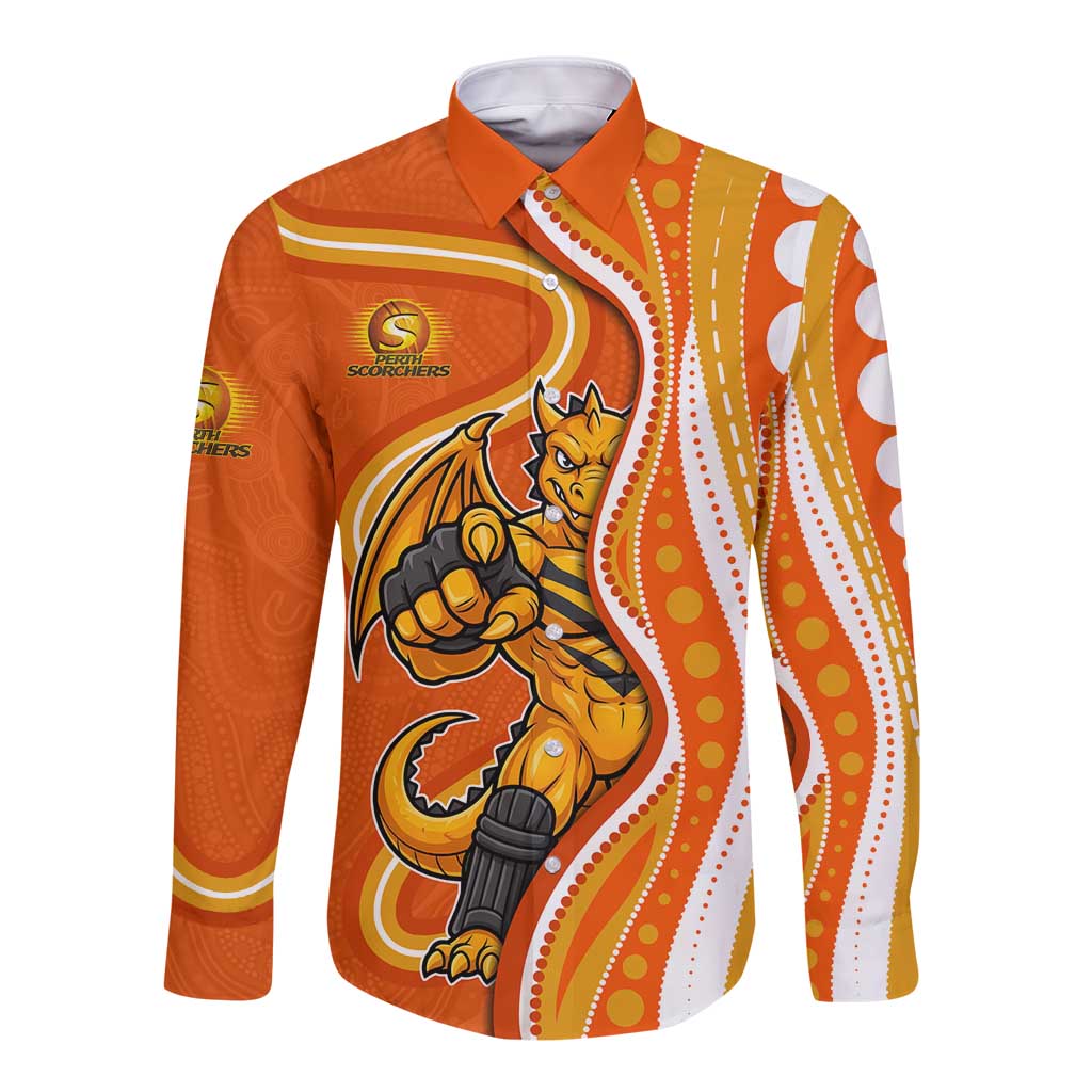 Perth Scorchers Long Sleeve Button Shirt Aboriginal Dot Art Orange White - Tribal Wave Pattern