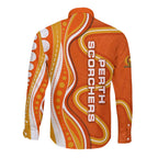 Perth Scorchers Long Sleeve Button Shirt Aboriginal Dot Art Orange White - Tribal Wave Pattern
