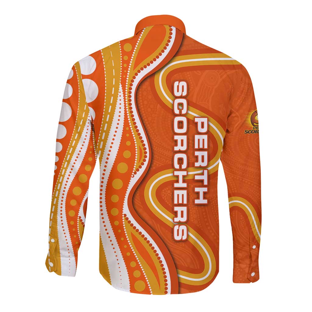 Perth Scorchers Long Sleeve Button Shirt Aboriginal Dot Art Orange White - Tribal Wave Pattern