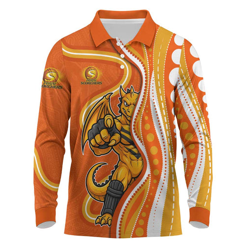 Perth Scorchers Long Sleeve Polo Shirt Aboriginal Dot Art Orange White - Tribal Wave Pattern
