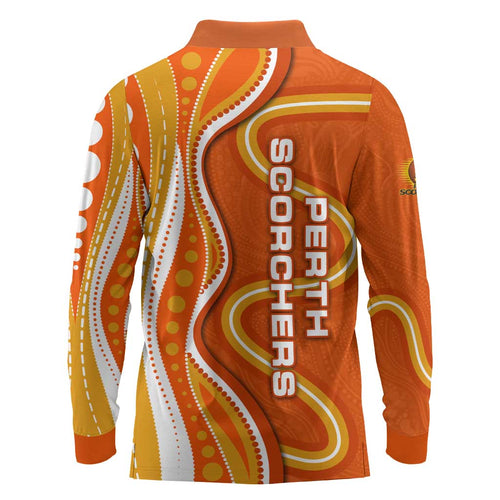 Perth Scorchers Long Sleeve Polo Shirt Aboriginal Dot Art Orange White - Tribal Wave Pattern