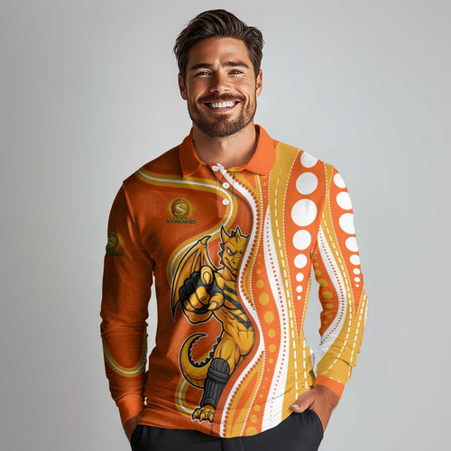 Perth Scorchers Long Sleeve Polo Shirt Aboriginal Dot Art Orange White - Tribal Wave Pattern